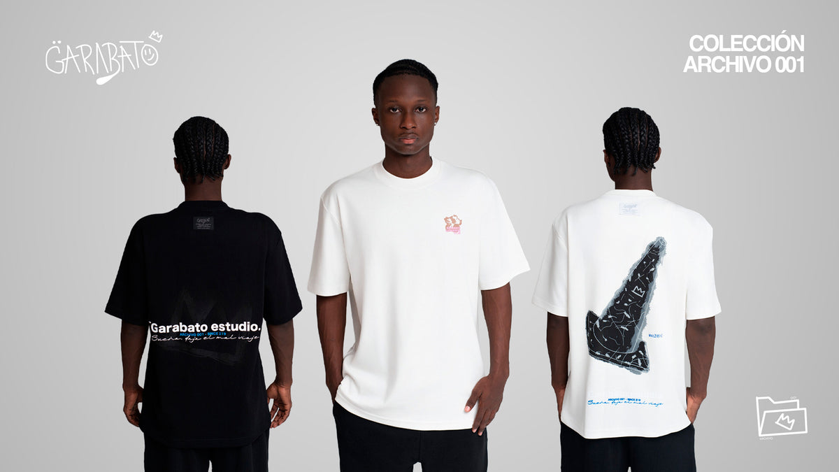 Tres modelos con camisetas de la colección Archivo 001 de GARABATO