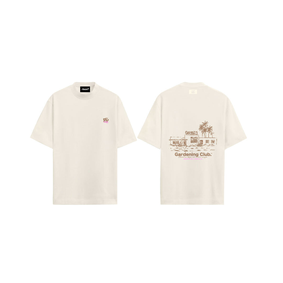 T-SHIRT WHITE GARDENING CLUB 001 – flat lay frontal y trasera